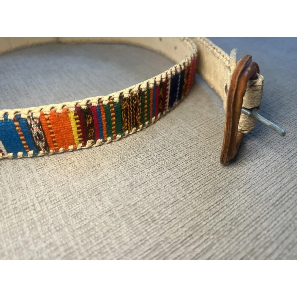 Woven Stripe Belt Womens 32 Multicolor Fabric Trim Faux Leather Boho Western